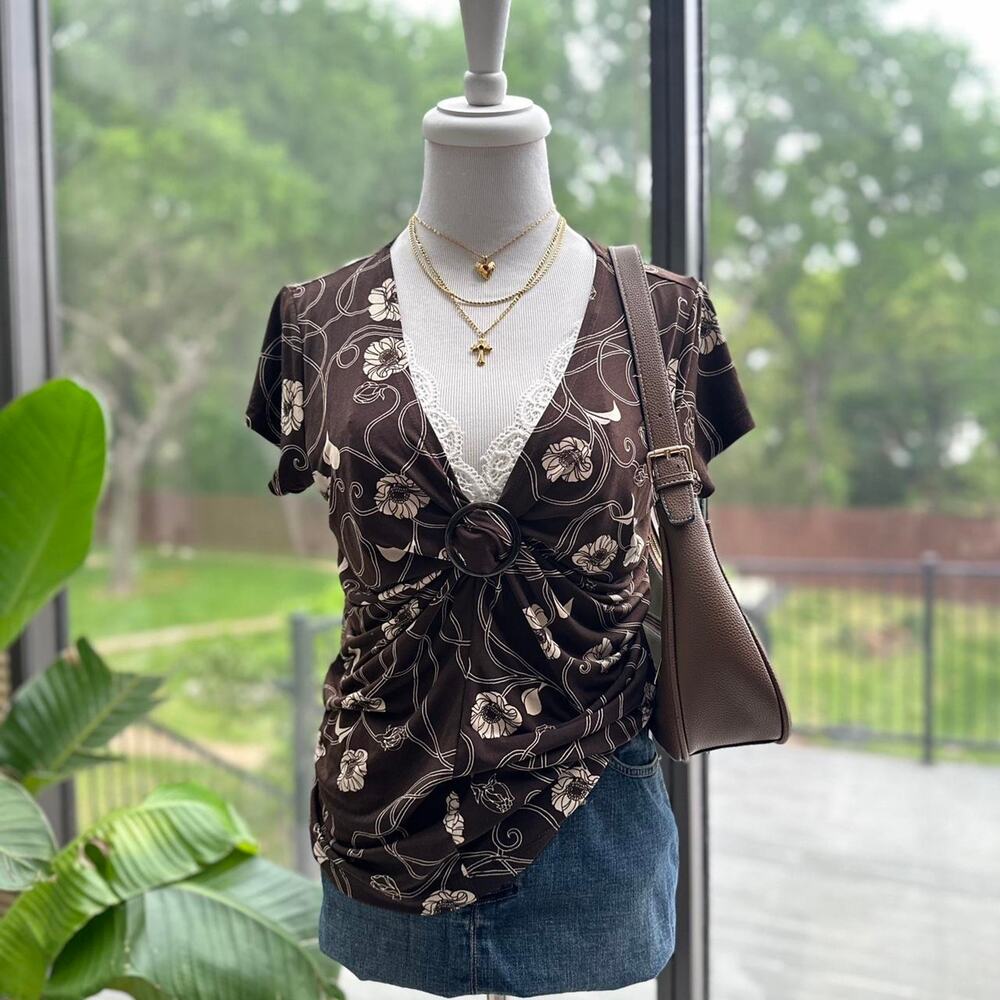 Apt. 9 Brown Floral Ruched Tie Front Blouse Top